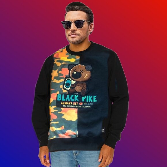 BLACK PIKE Cartoon Bear Vibrant Camouflage Pattern Black Men Sweatshirt Size L - Picture 3 of 6